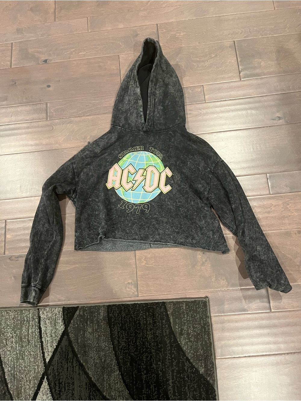 AC/DC Black Washed Cropped Hoodie with Graphic Globe